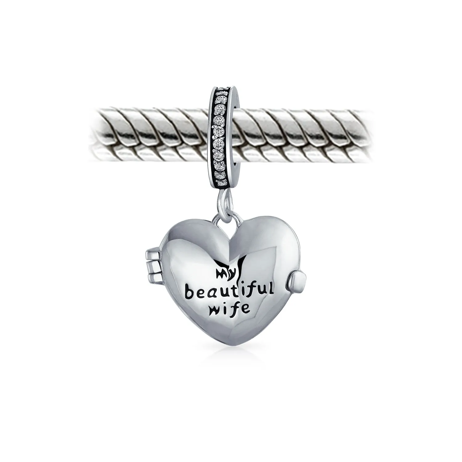 2 Tone Words #1 Mom Dangle MY Wife Heart Locket Charm Bead .925 Silver
