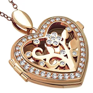 925 Sterling Silver Yellow Gold-Tone Clear White CZ Love Heart Flower Locket Pendant Necklace