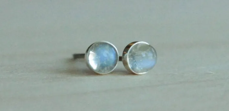 Adularia (Blue Flash Ceylon Moonstone) Bezel Gemstones, Small (Niobium or Titanium Stud Earrings)