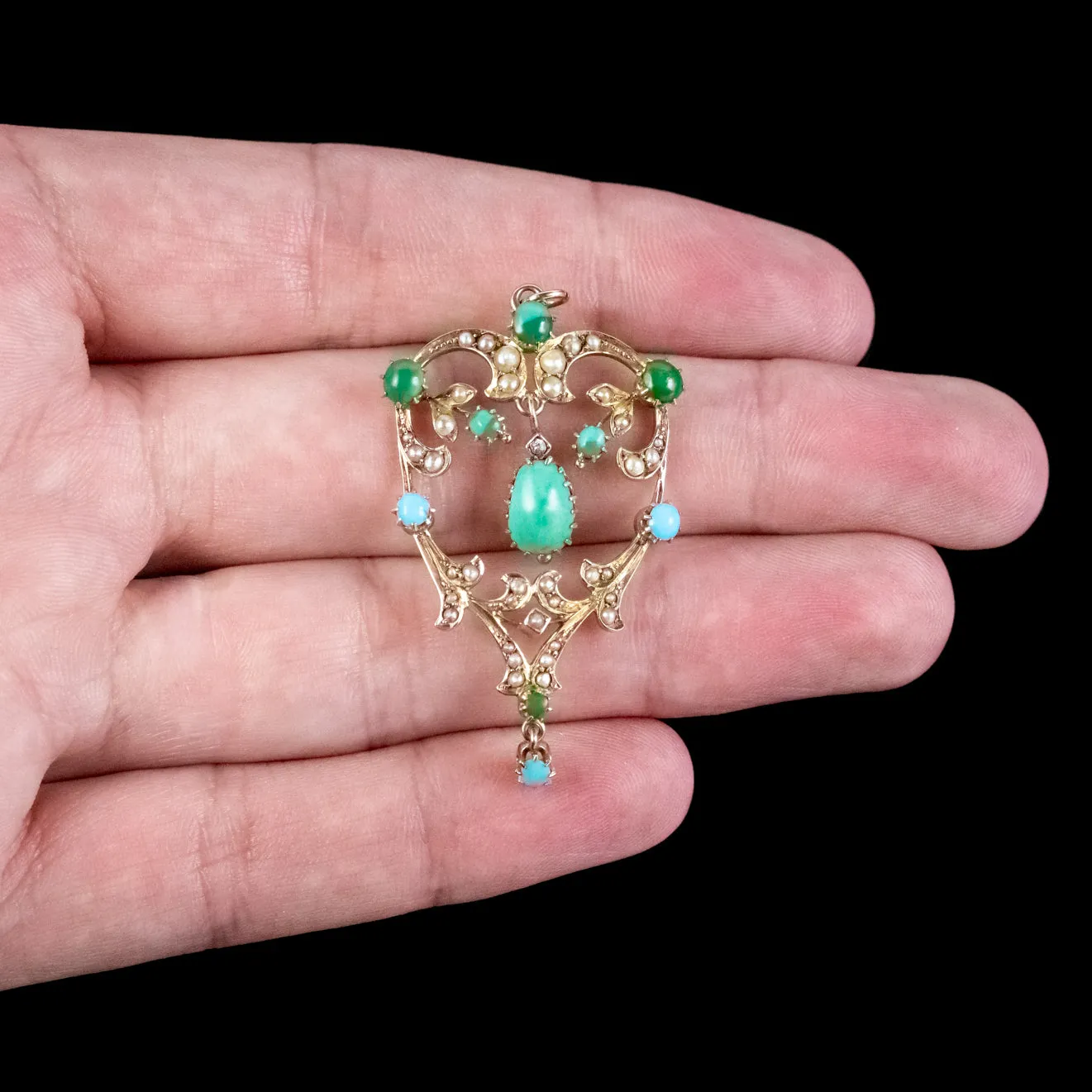 Antique Victorian Turquoise Pearl Diamond Pendant 9ct Gold Circa 1900