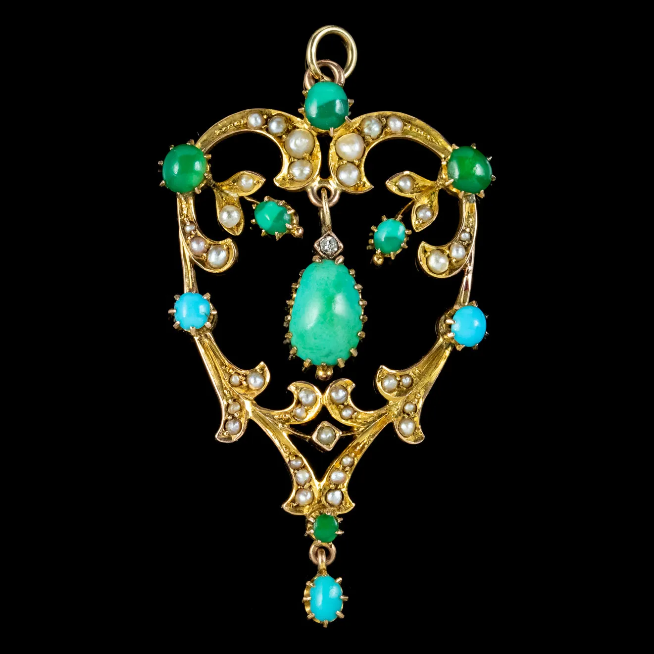 Antique Victorian Turquoise Pearl Diamond Pendant 9ct Gold Circa 1900