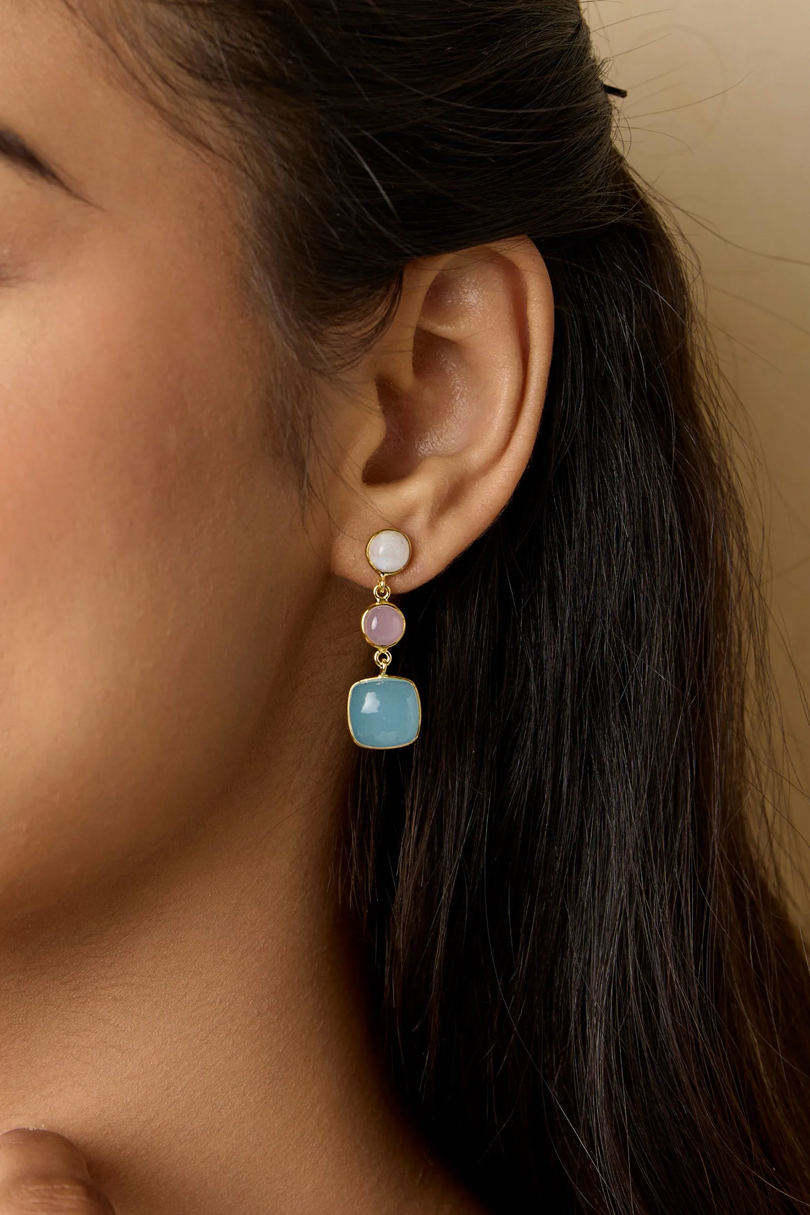 Banyan Moonstone, Rose and Aqua Chalcedony Drop Earrings