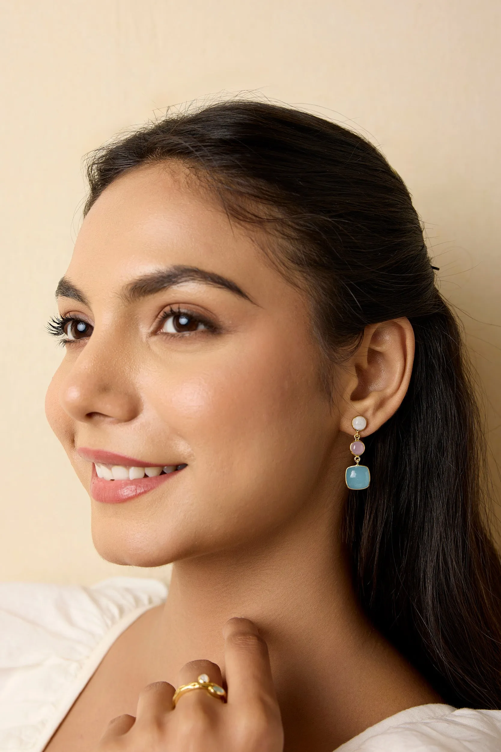 Banyan Moonstone, Rose and Aqua Chalcedony Drop Earrings