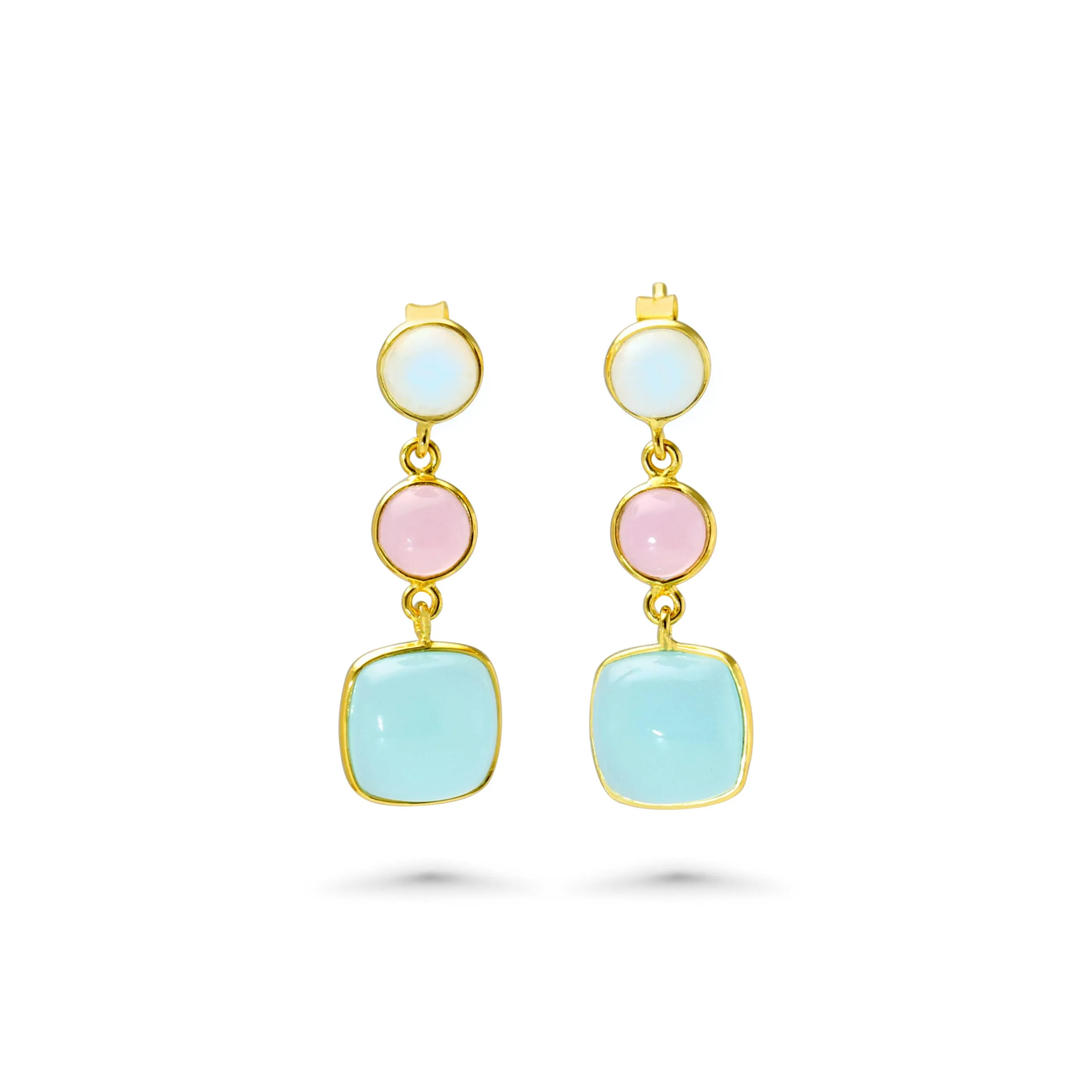 Banyan Moonstone, Rose and Aqua Chalcedony Drop Earrings