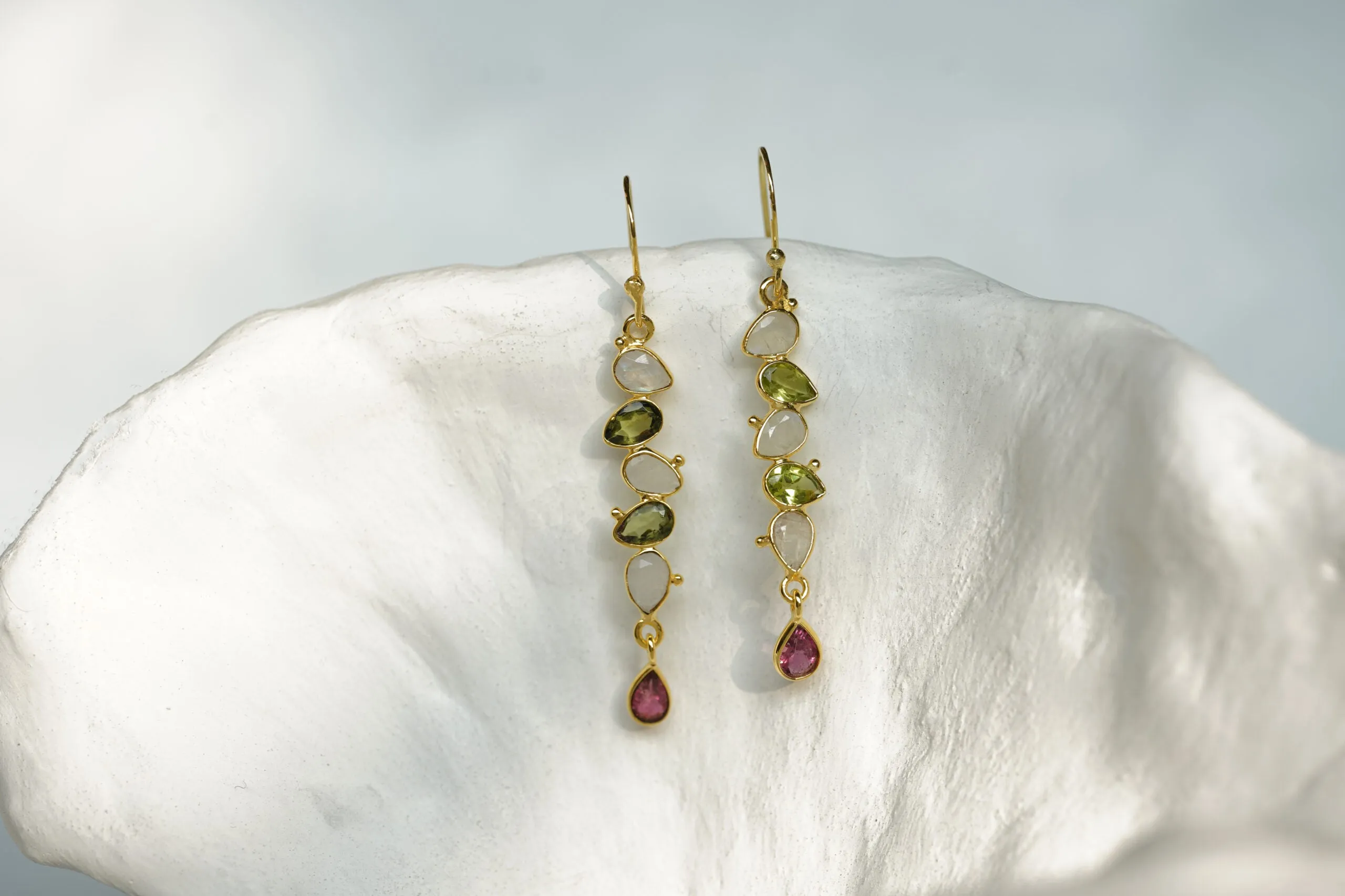 Banyan Peridot, Rainbow Moonstone and Pink Tourmaline Gold Drop Earrings