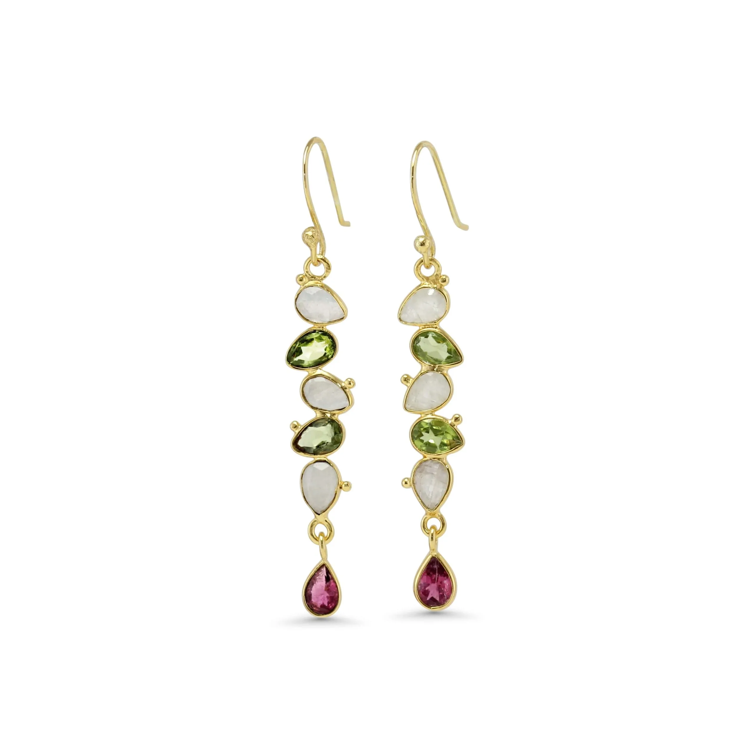 Banyan Peridot, Rainbow Moonstone and Pink Tourmaline Gold Drop Earrings