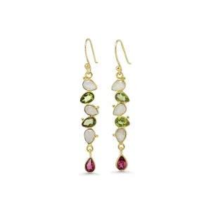 Banyan Peridot, Rainbow Moonstone and Pink Tourmaline Gold Drop Earrings