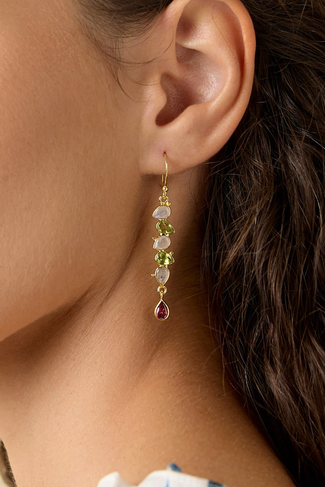 Banyan Peridot, Rainbow Moonstone and Pink Tourmaline Gold Drop Earrings