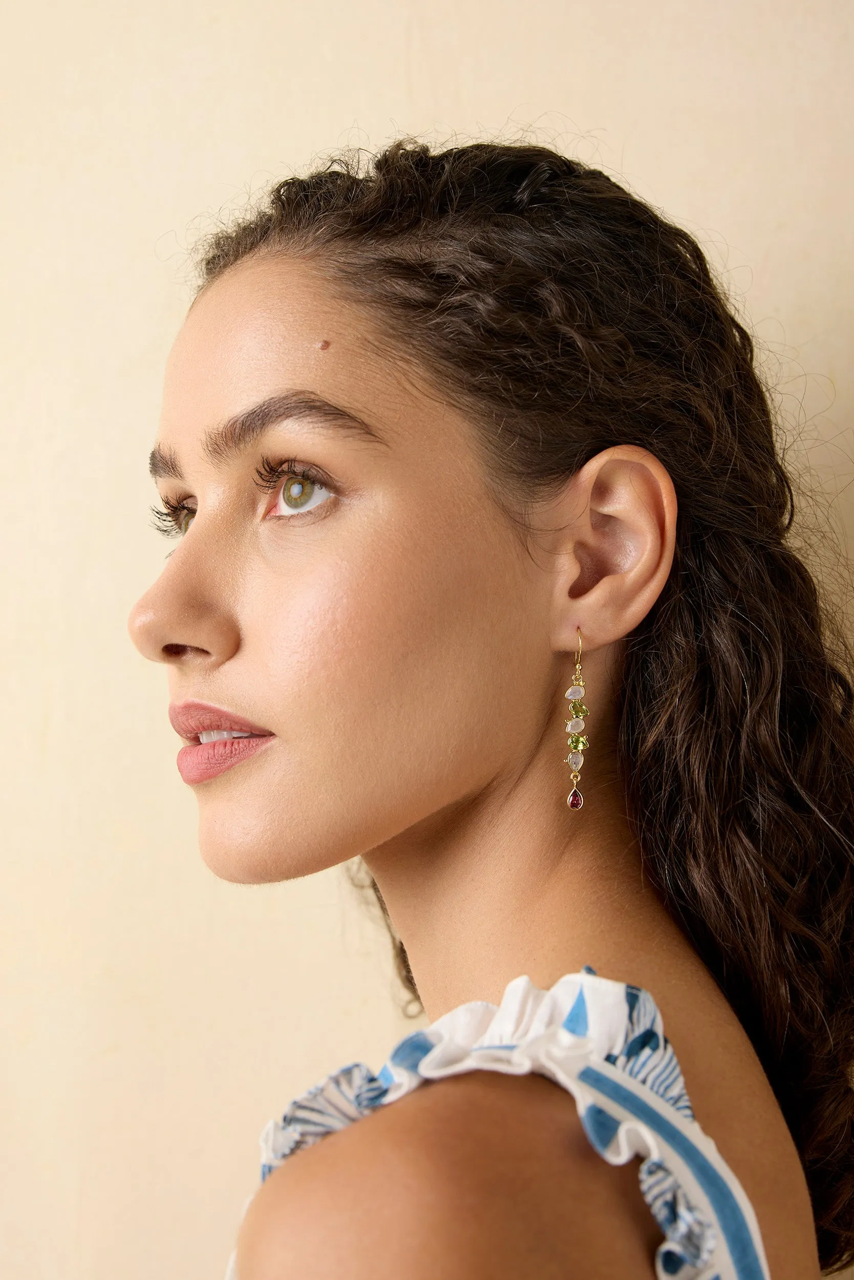 Banyan Peridot, Rainbow Moonstone and Pink Tourmaline Gold Drop Earrings
