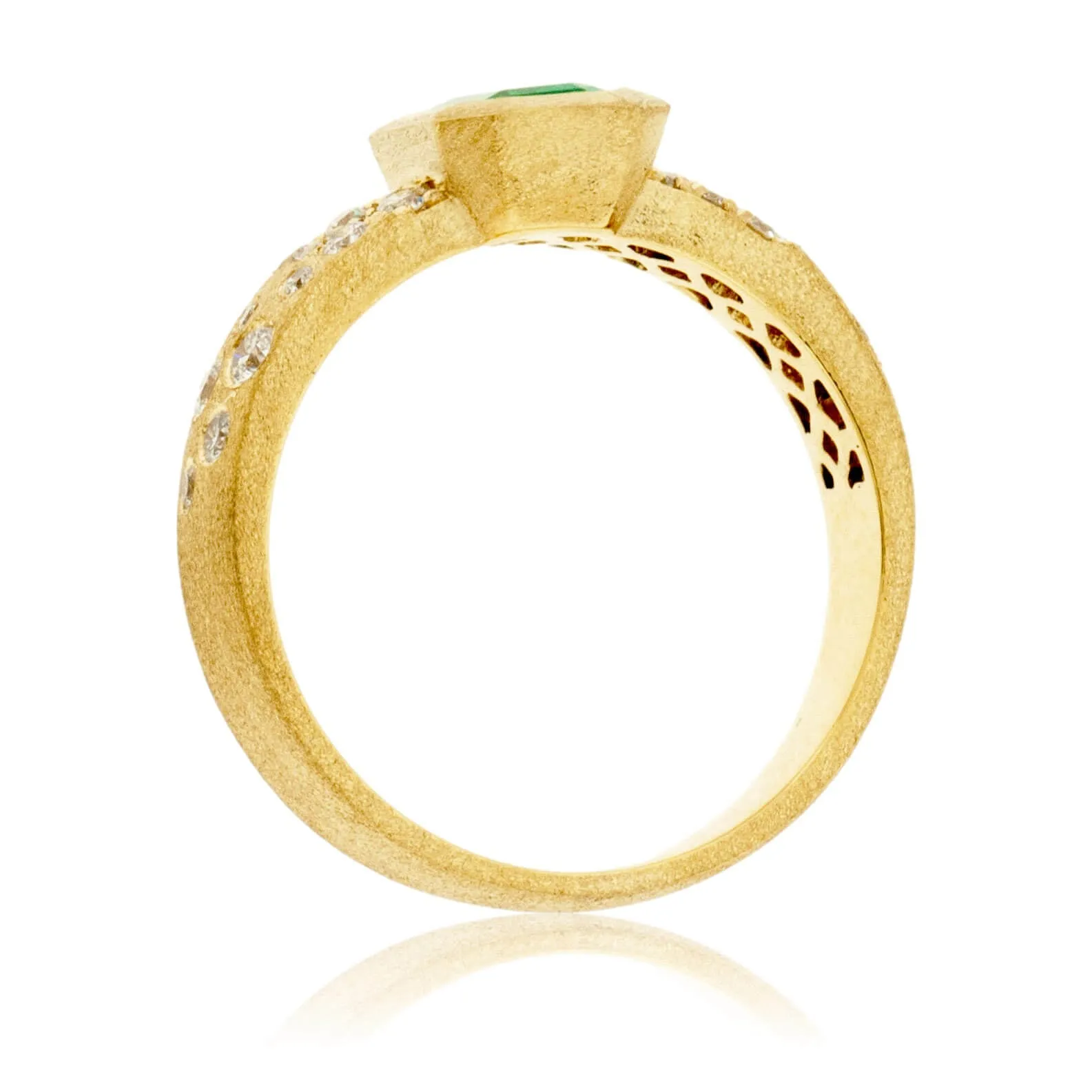 Bezel Set Emerald-Cut Emerald in Yellow Gold with Flush Set Diamond Band