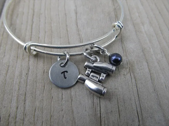 Binoculars Charm Bracelet- Adjustable Bangle Bracelet with an Initial Charm and an Accent Bead of your choice