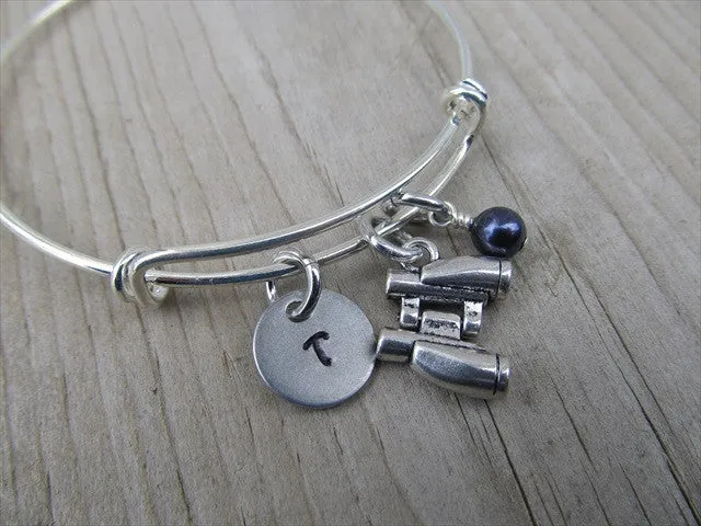 Binoculars Charm Bracelet- Adjustable Bangle Bracelet with an Initial Charm and an Accent Bead of your choice