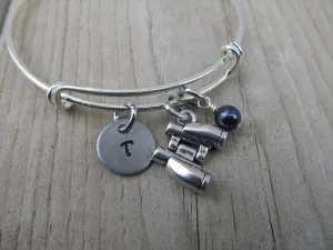 Binoculars Charm Bracelet- Adjustable Bangle Bracelet with an Initial Charm and an Accent Bead of your choice