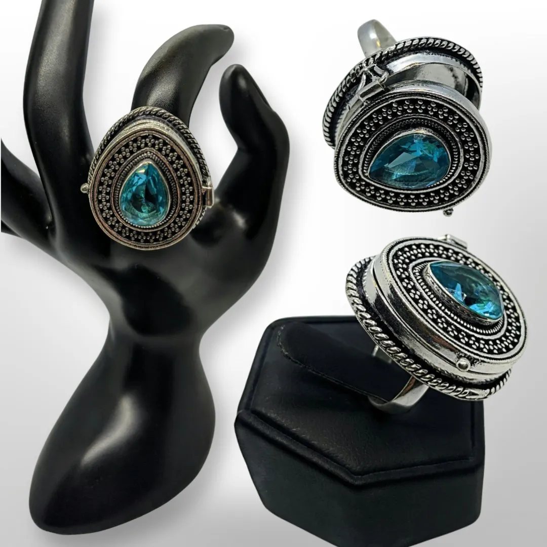 Blue Topaz, poison ring ,  925 Sterling Silver Ring size 8