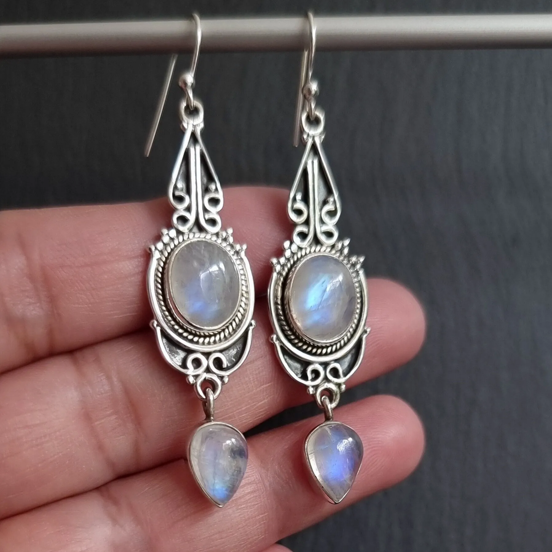 Boho Long Moonstone 925 Sterling Silver Earrings, E38M