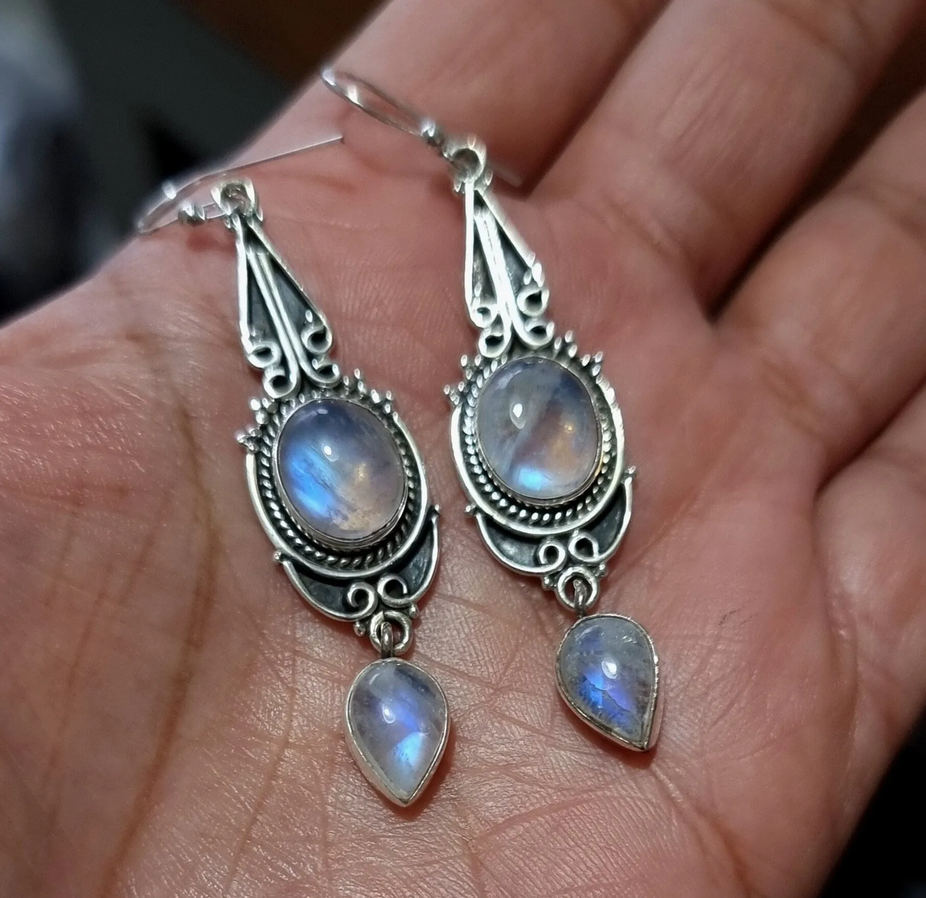 Boho Long Moonstone 925 Sterling Silver Earrings, E38M