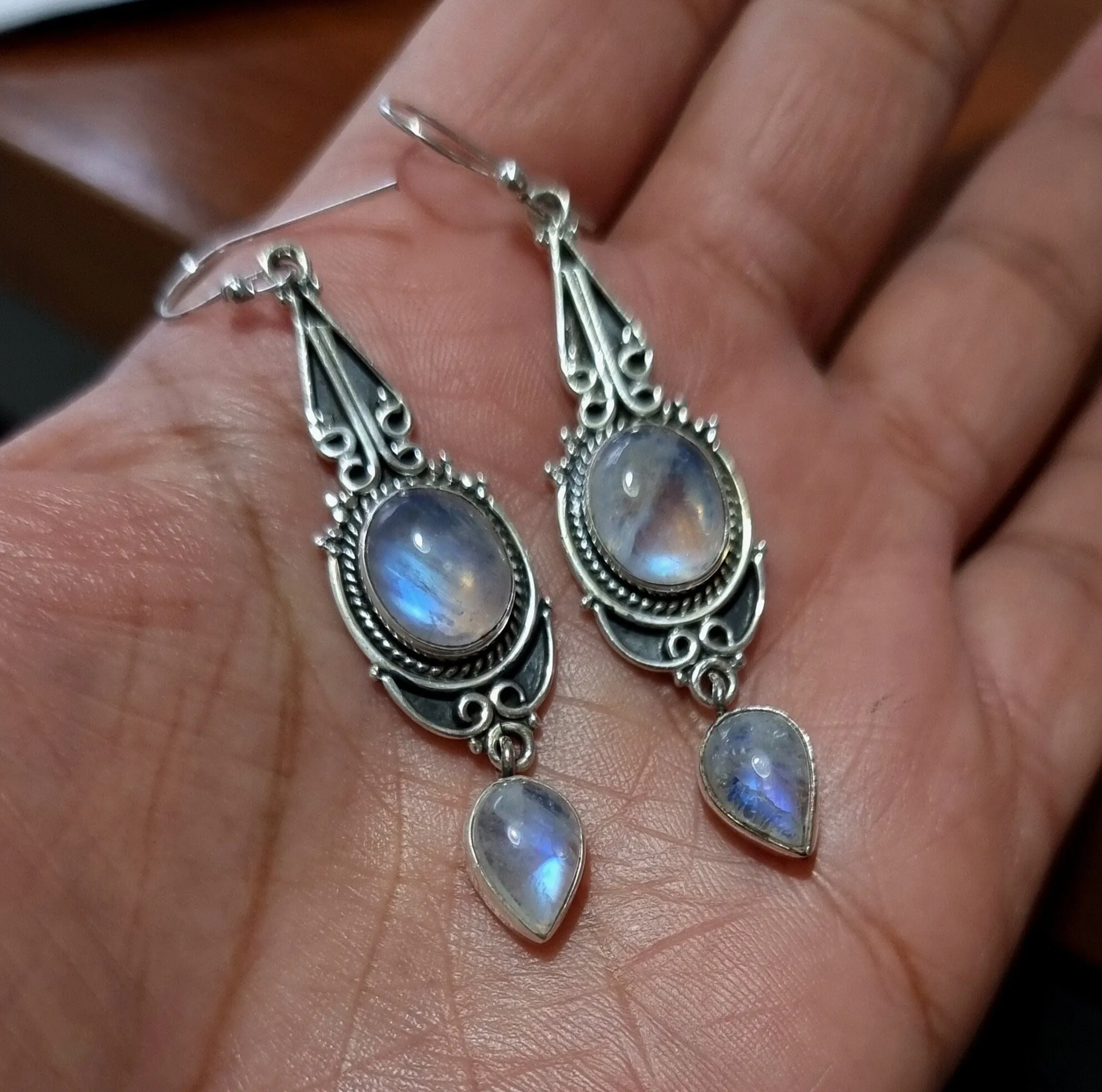 Boho Long Moonstone 925 Sterling Silver Earrings, E38M