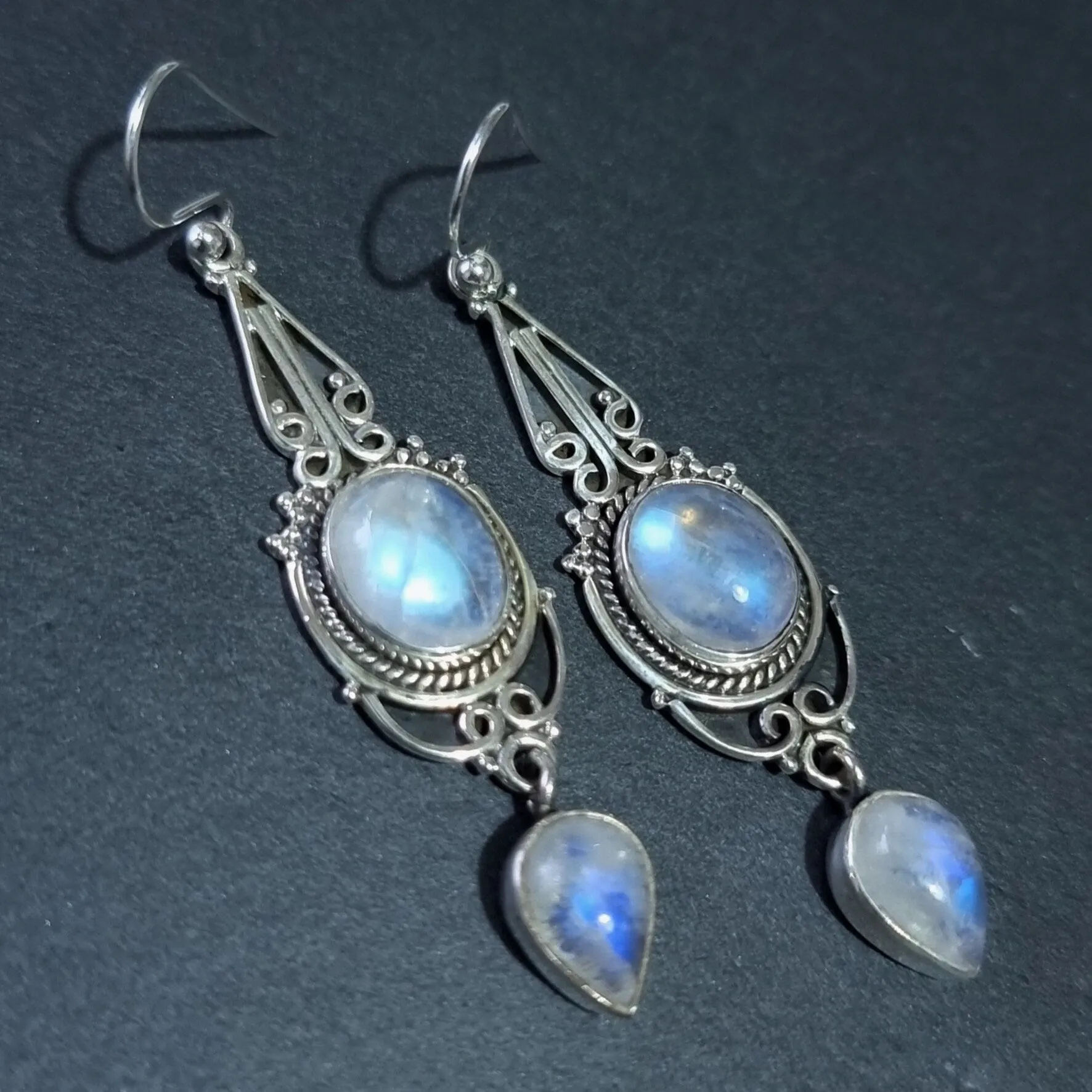 Boho Long Moonstone 925 Sterling Silver Earrings, E38M