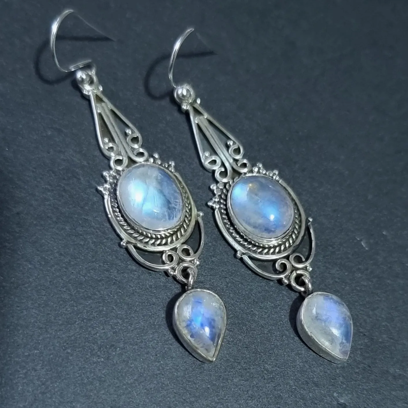 Boho Long Moonstone 925 Sterling Silver Earrings, E38M