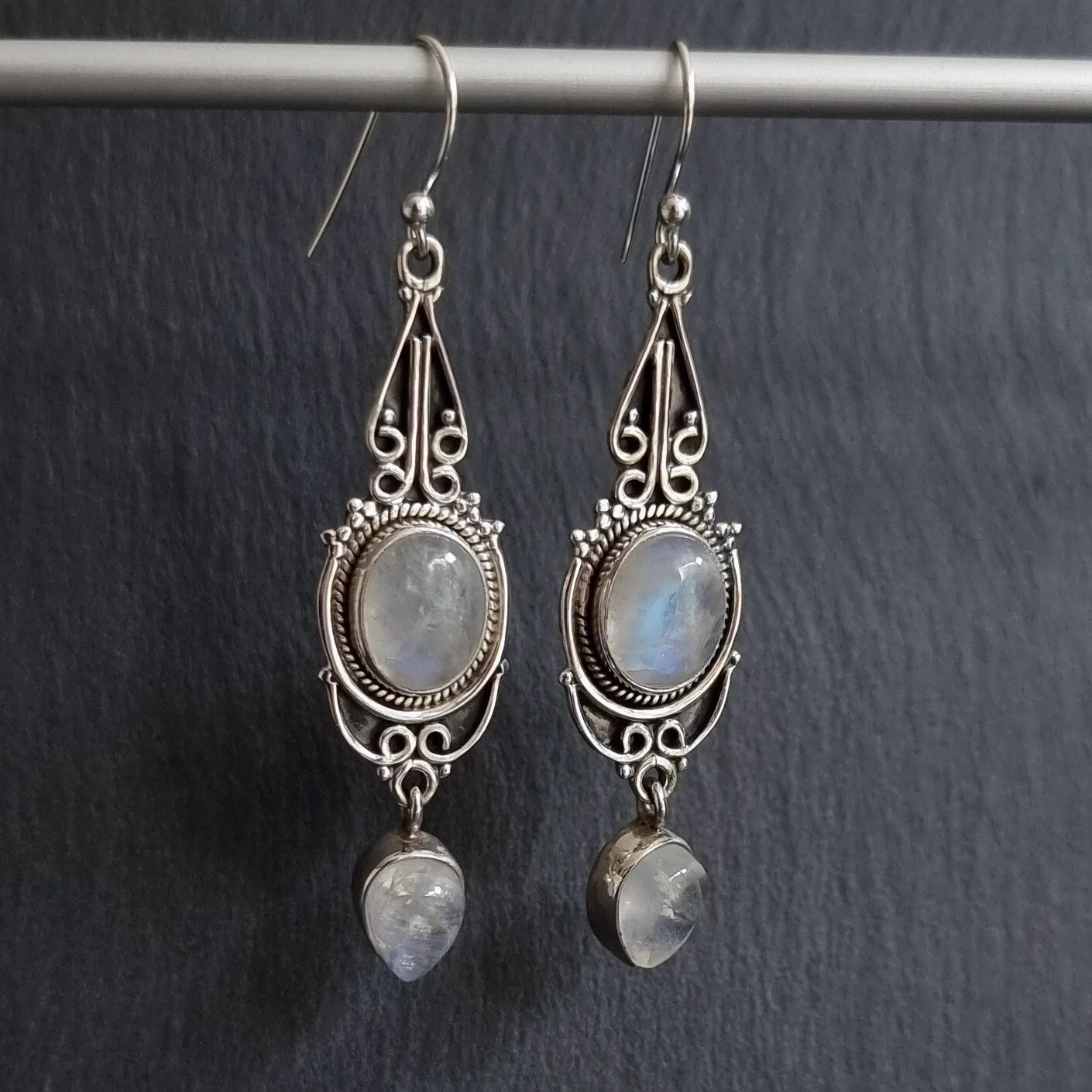Boho Long Moonstone 925 Sterling Silver Earrings, E38M