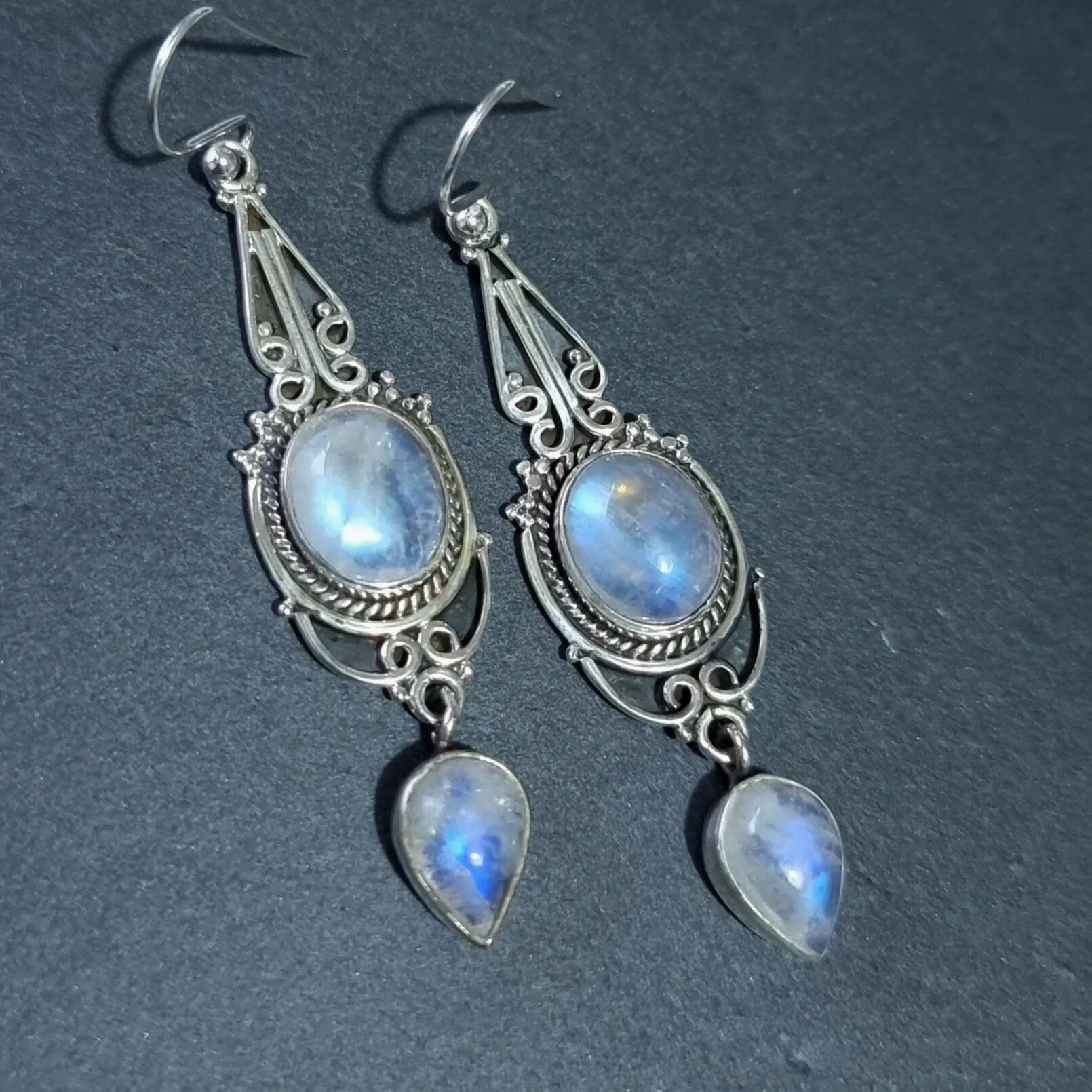 Boho Long Moonstone 925 Sterling Silver Earrings, E38M