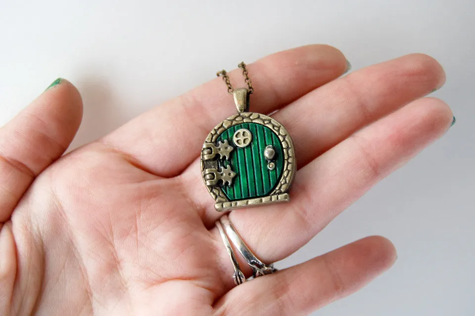 Brass Bag End Hobbit Door Locket | Lord of the Rings Jewelry | Green Hobbit Door Necklace