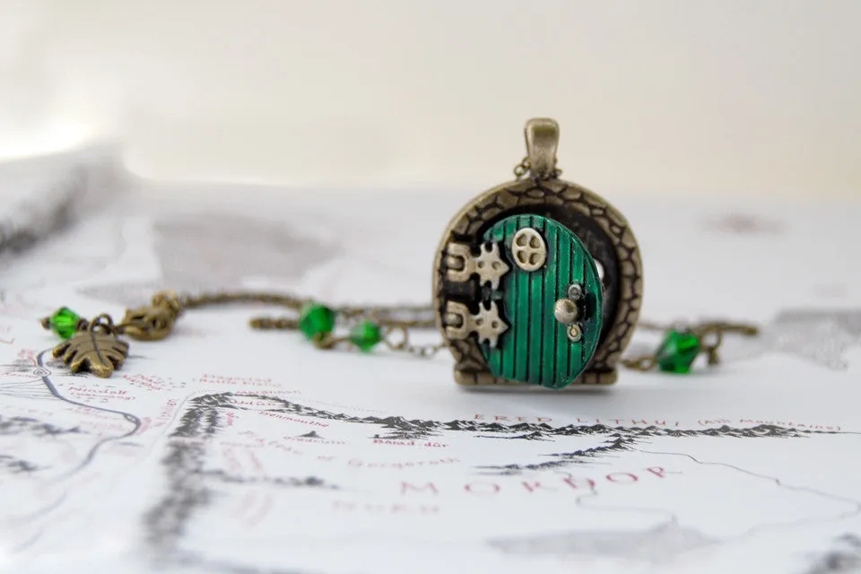 Brass Bag End Hobbit Door Locket | Lord of the Rings Jewelry | Green Hobbit Door Necklace