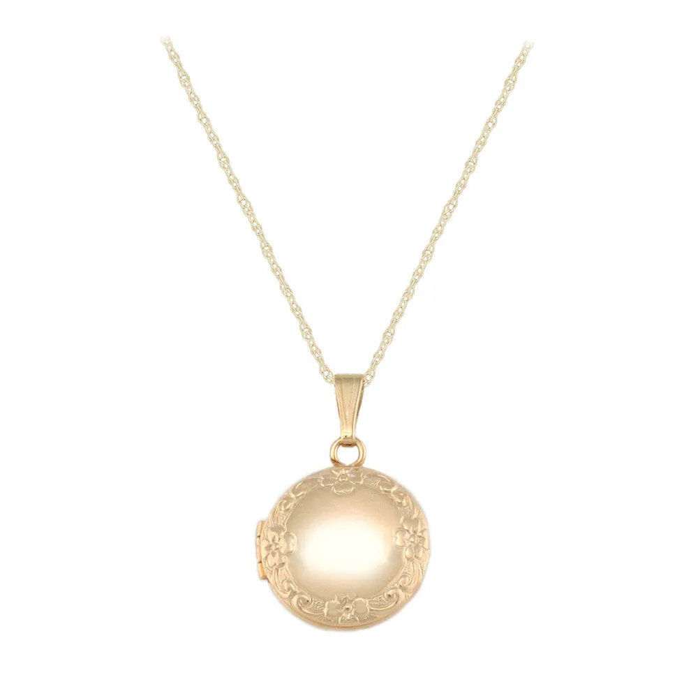 Children's 14k Yellow Gold Round Floral 15 Inches Rope Chain Locket