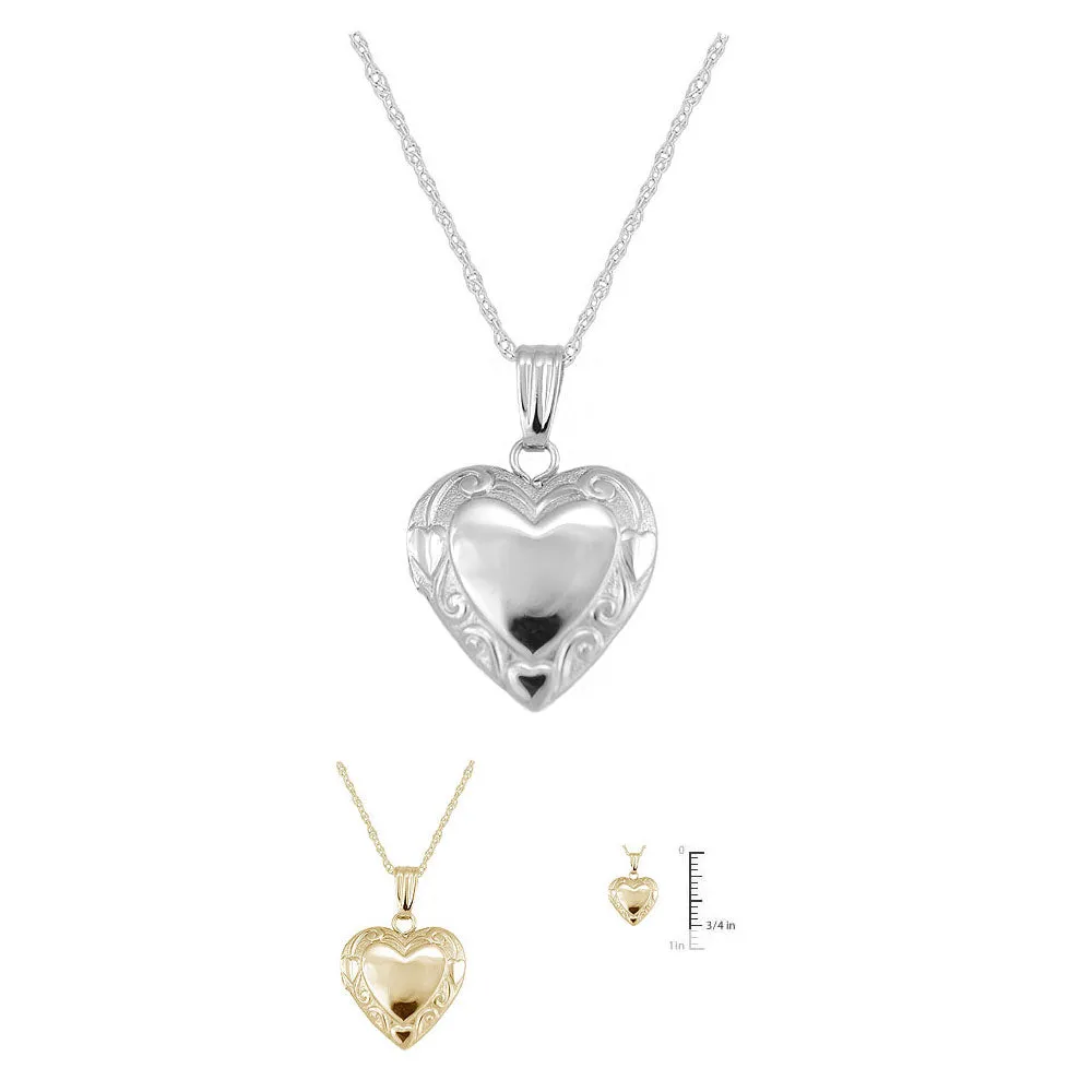 Children's 14K Yellow Or White Gold Floral Heart Locket with Rope Chain (15 in)