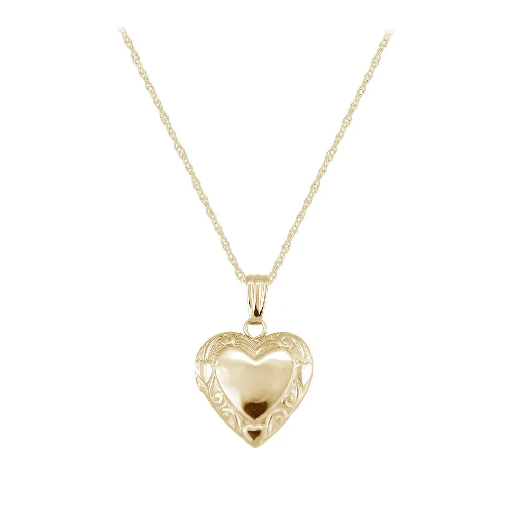 Children's 14K Yellow Or White Gold Floral Heart Locket with Rope Chain (15 in)