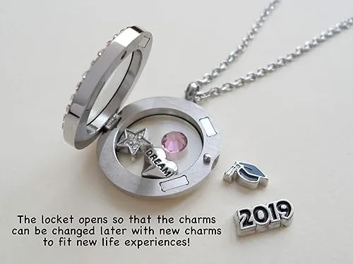 Custom Graduate Circle Floating Charm Locket Necklace, Stainless Steel Locket, Class of 2025 Gift (Rose Gold Plain Edge 25mm Locket)