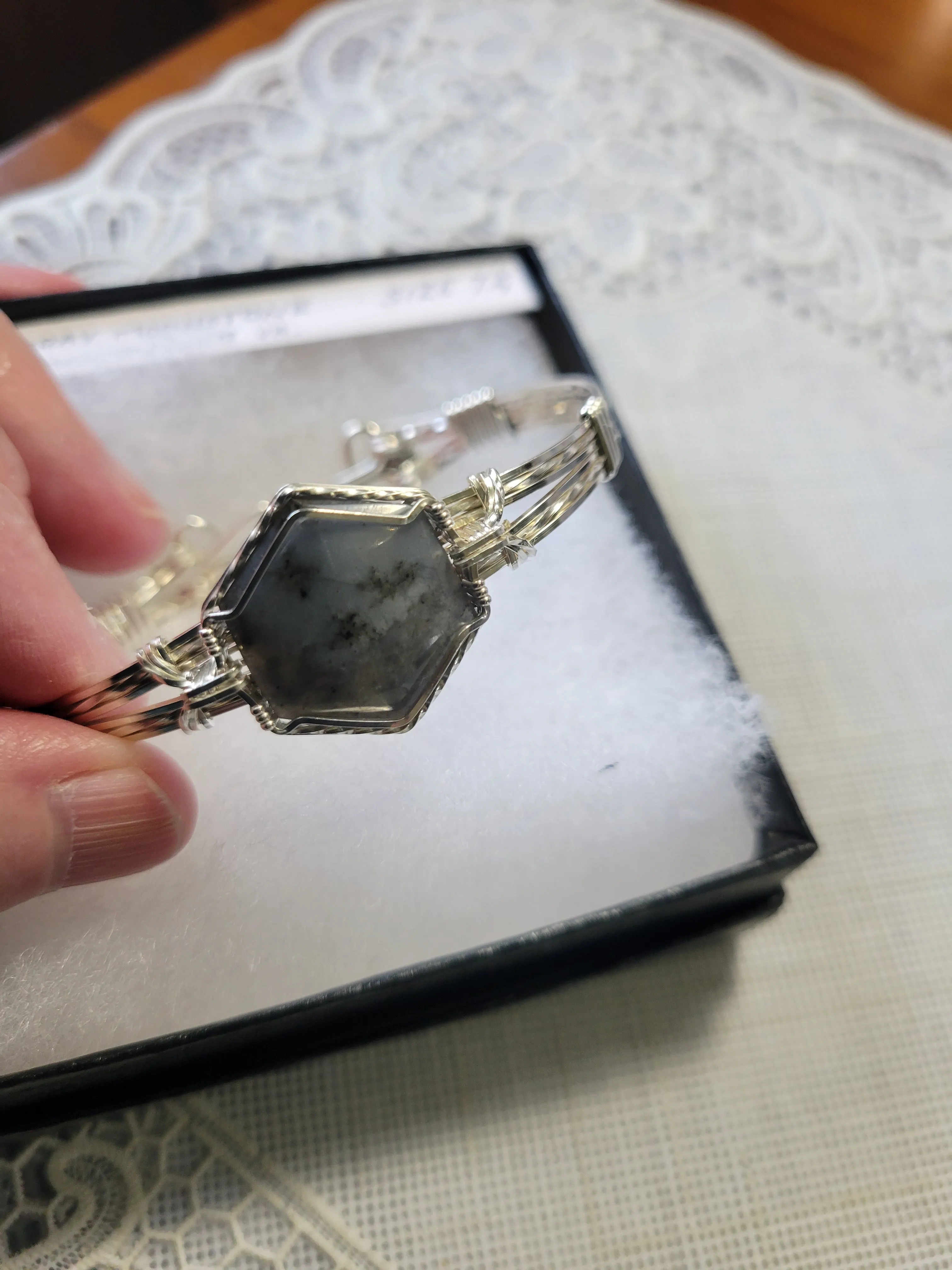 Custom Wire Wrapped Gray Moonstone from Montpelier, VA Bracelet Size 7 1/4 Sterling Silver