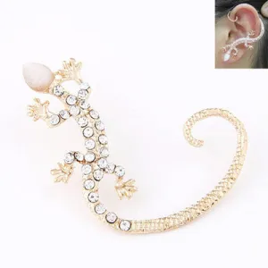 E504 Gold with Diamonds & Moonstone Gecko SINGLE Earring