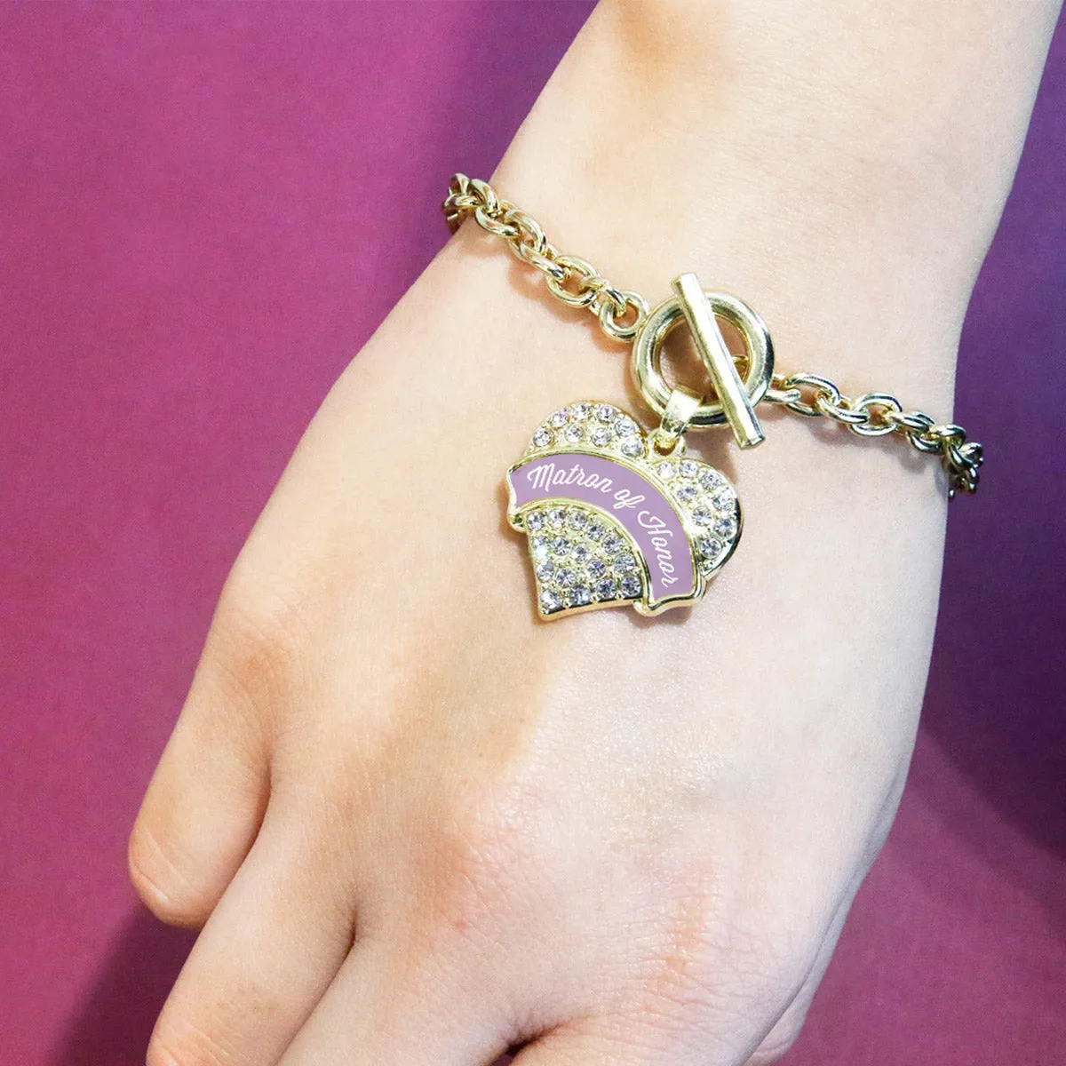 Gold Lavender Matron of Honor Pave Heart Charm Toggle Bracelet