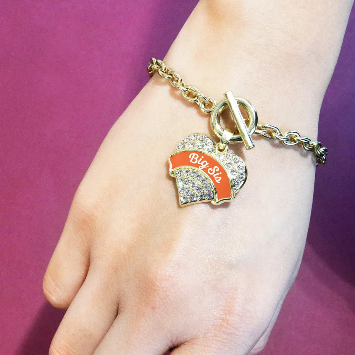 Gold Orange Big Sister Pave Heart Charm Toggle Bracelet