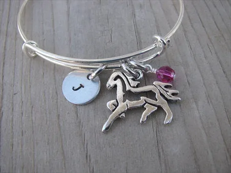Horse Charm Bracelet- Adjustable Bangle Bracelet with an Initial Charm and an Accent Bead in your choice of colors