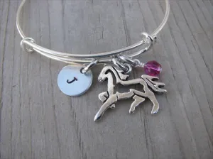 Horse Charm Bracelet- Adjustable Bangle Bracelet with an Initial Charm and an Accent Bead in your choice of colors