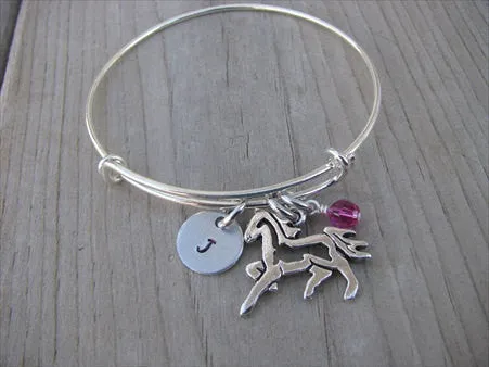 Horse Charm Bracelet- Adjustable Bangle Bracelet with an Initial Charm and an Accent Bead in your choice of colors