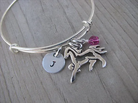 Horse Charm Bracelet- Adjustable Bangle Bracelet with an Initial Charm and an Accent Bead in your choice of colors