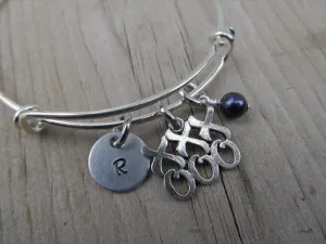 Hugs and Kisses Charm Bracelet- Adjustable Bangle Bracelet with an Initial Charm and an Accent Bead of your choice