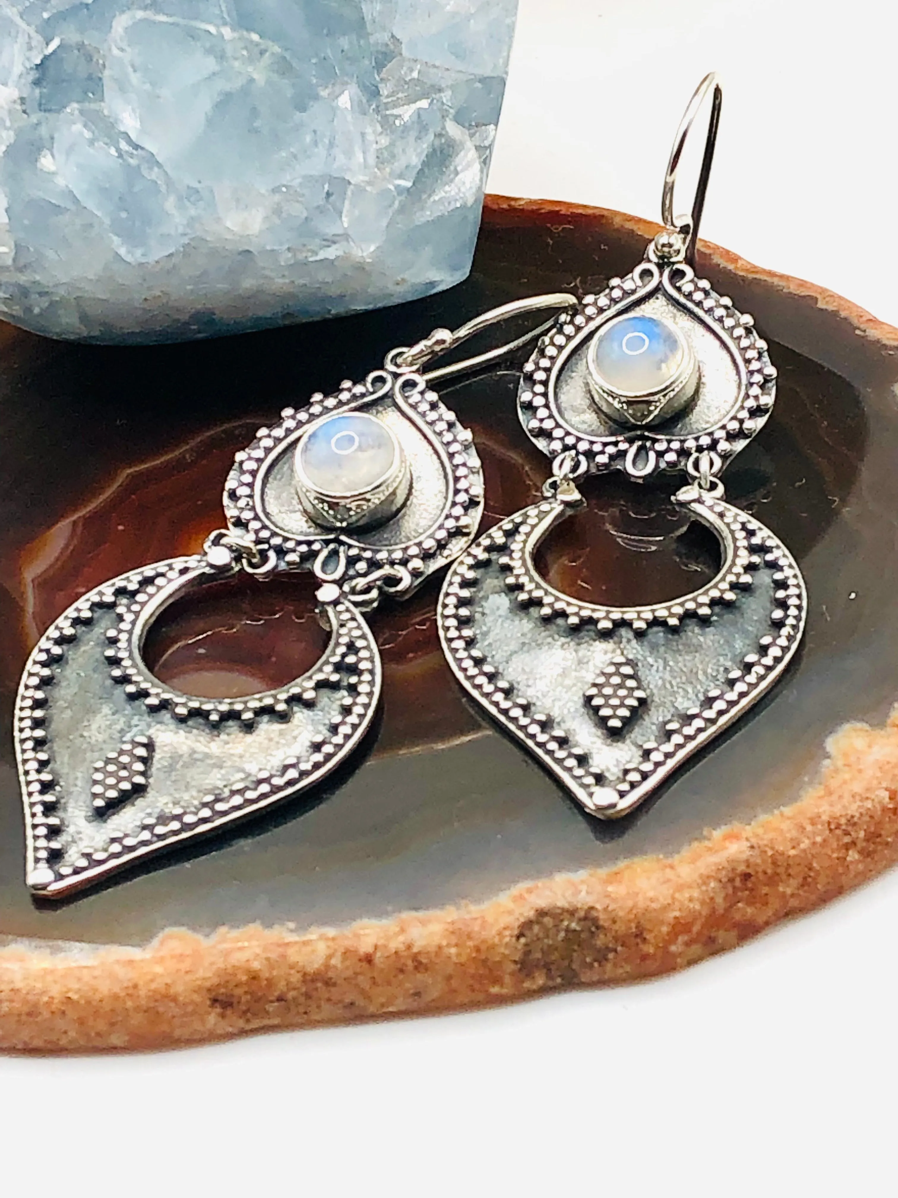 Long Ethnic Style Earrings with Moonstone