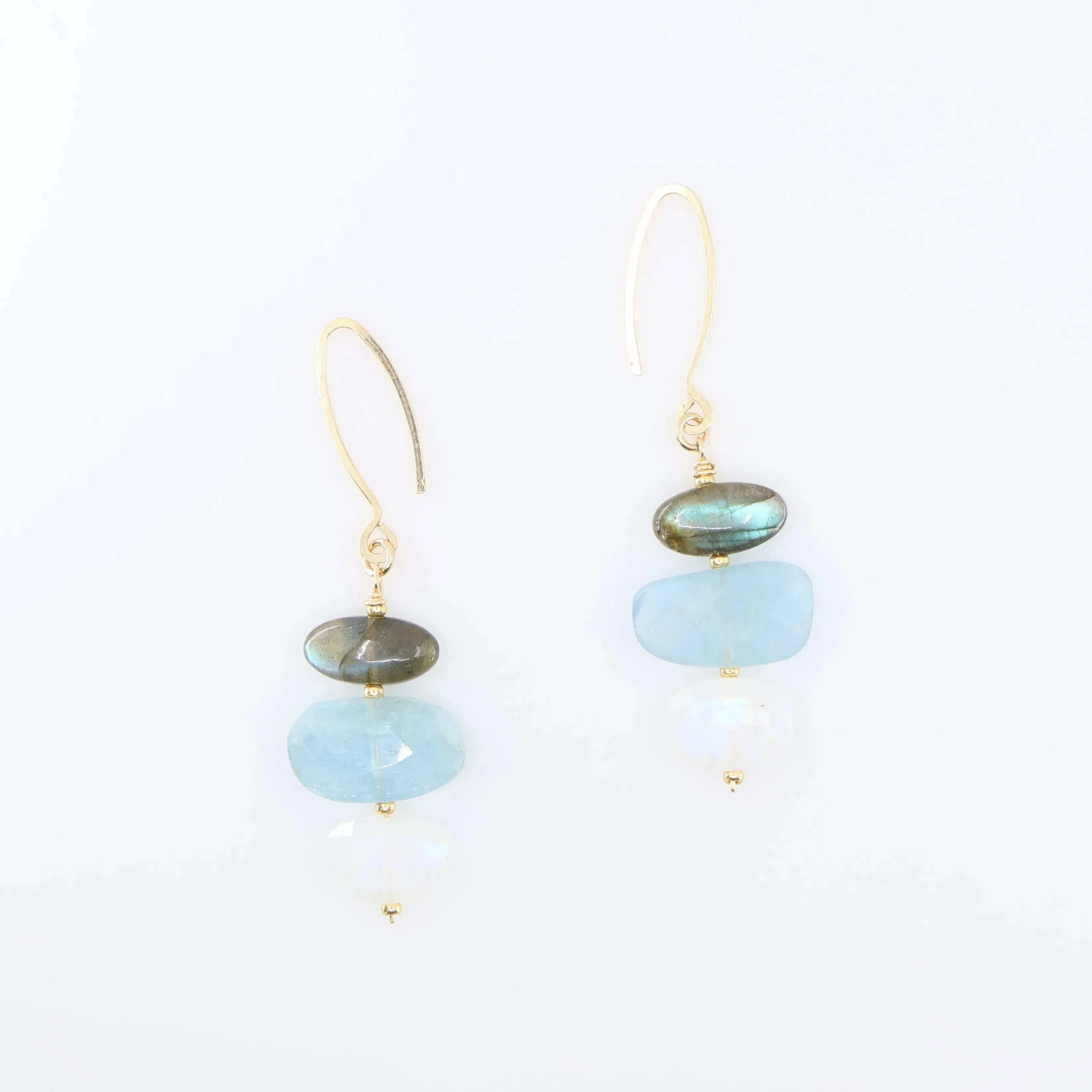 Milky Aquamarine, Rainbow Moonstone and Labradorite Gemstone Stack on Forged Earwire
