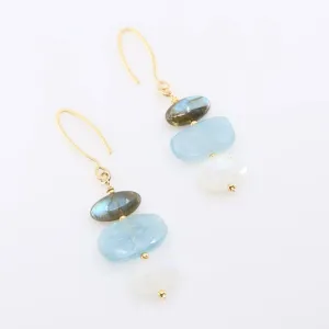 Milky Aquamarine, Rainbow Moonstone and Labradorite Gemstone Stack on Forged Earwire