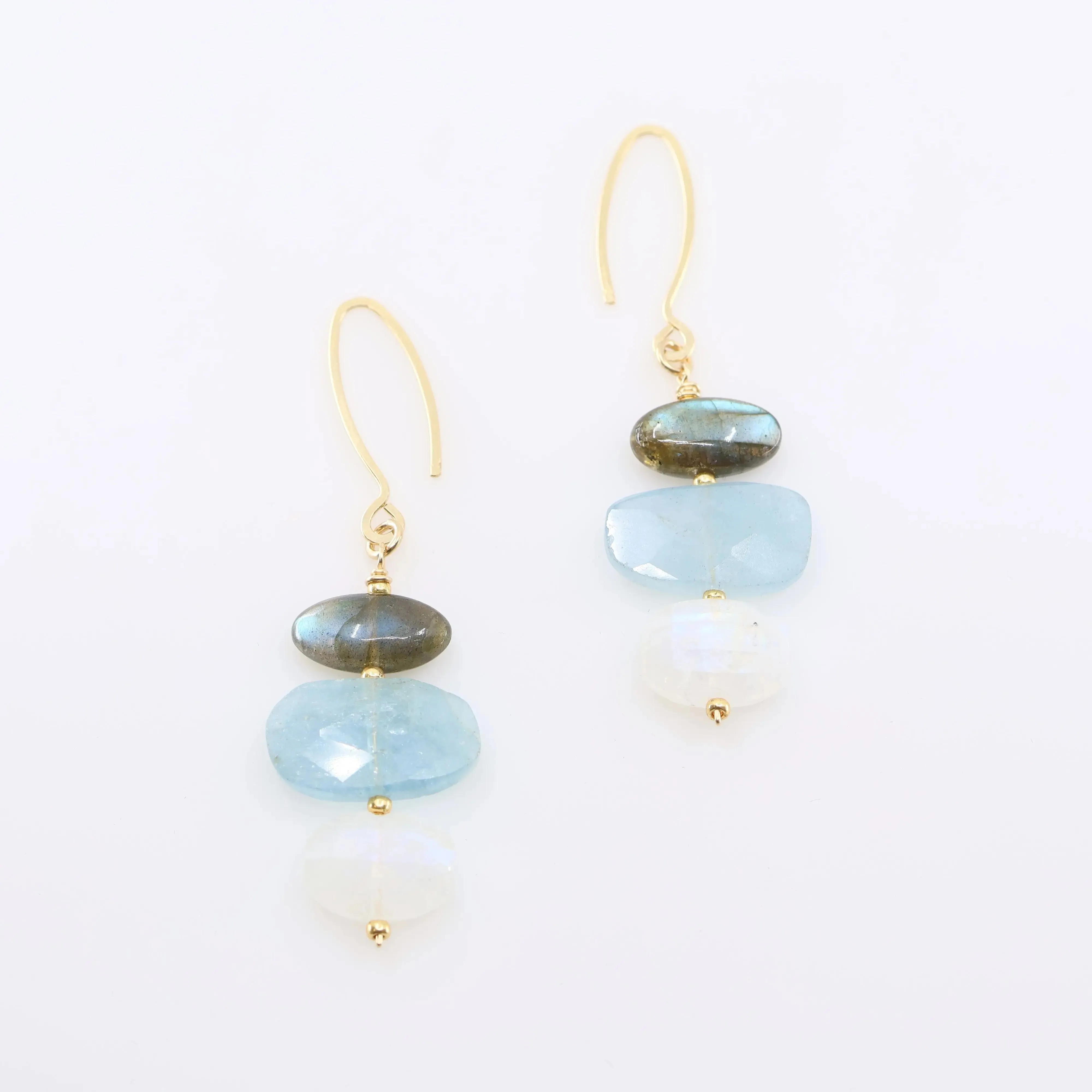 Milky Aquamarine, Rainbow Moonstone and Labradorite Gemstone Stack on Forged Earwire