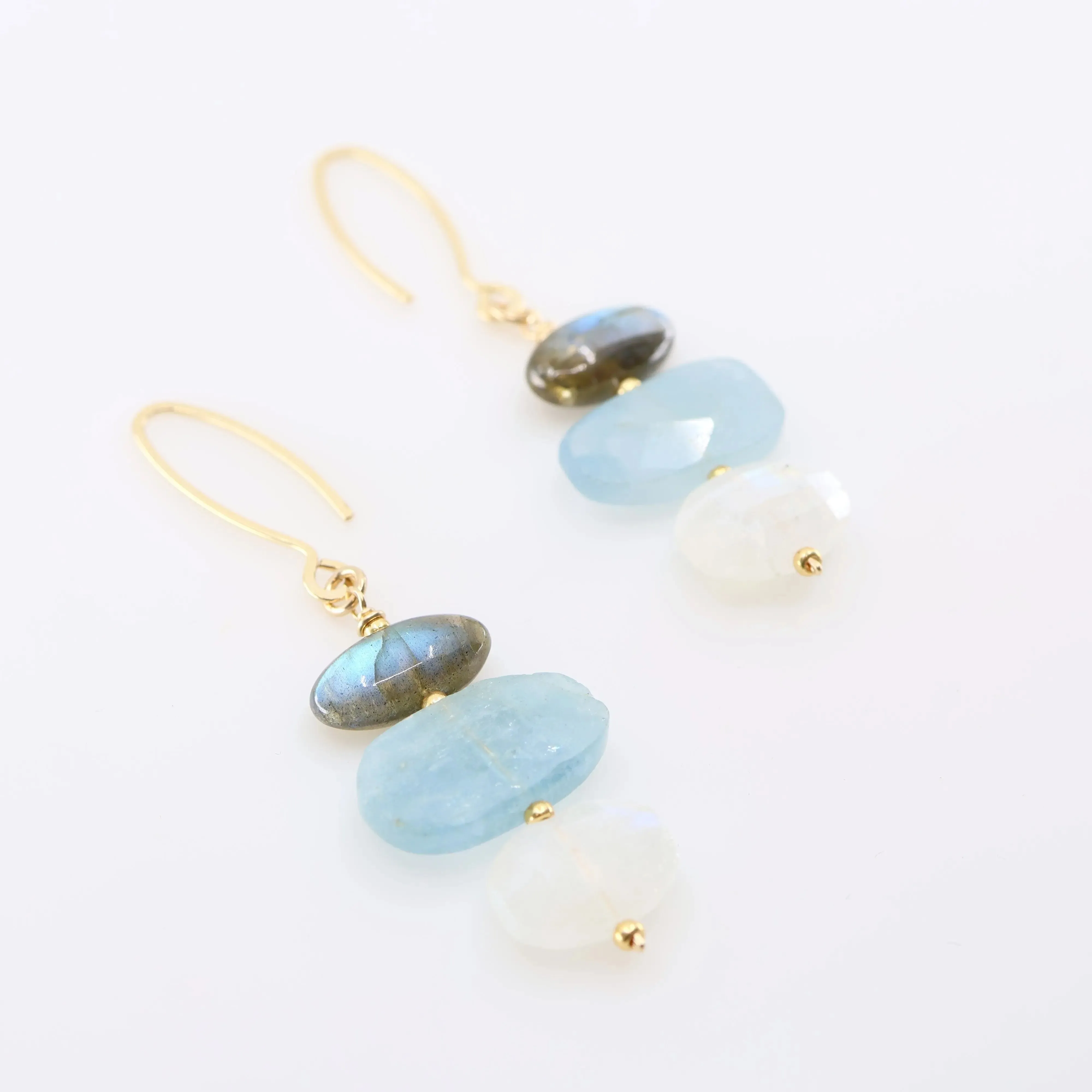 Milky Aquamarine, Rainbow Moonstone and Labradorite Gemstone Stack on Forged Earwire