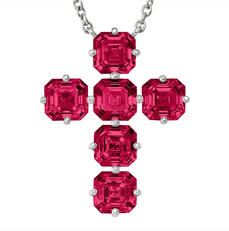 Mozambique Ruby Asscher Cut Cross in Solid 18K Gold
