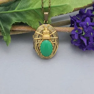 Ox Brass Oval Green Beetle Locket Necklace Jewelry Keepsake Photo Locket.