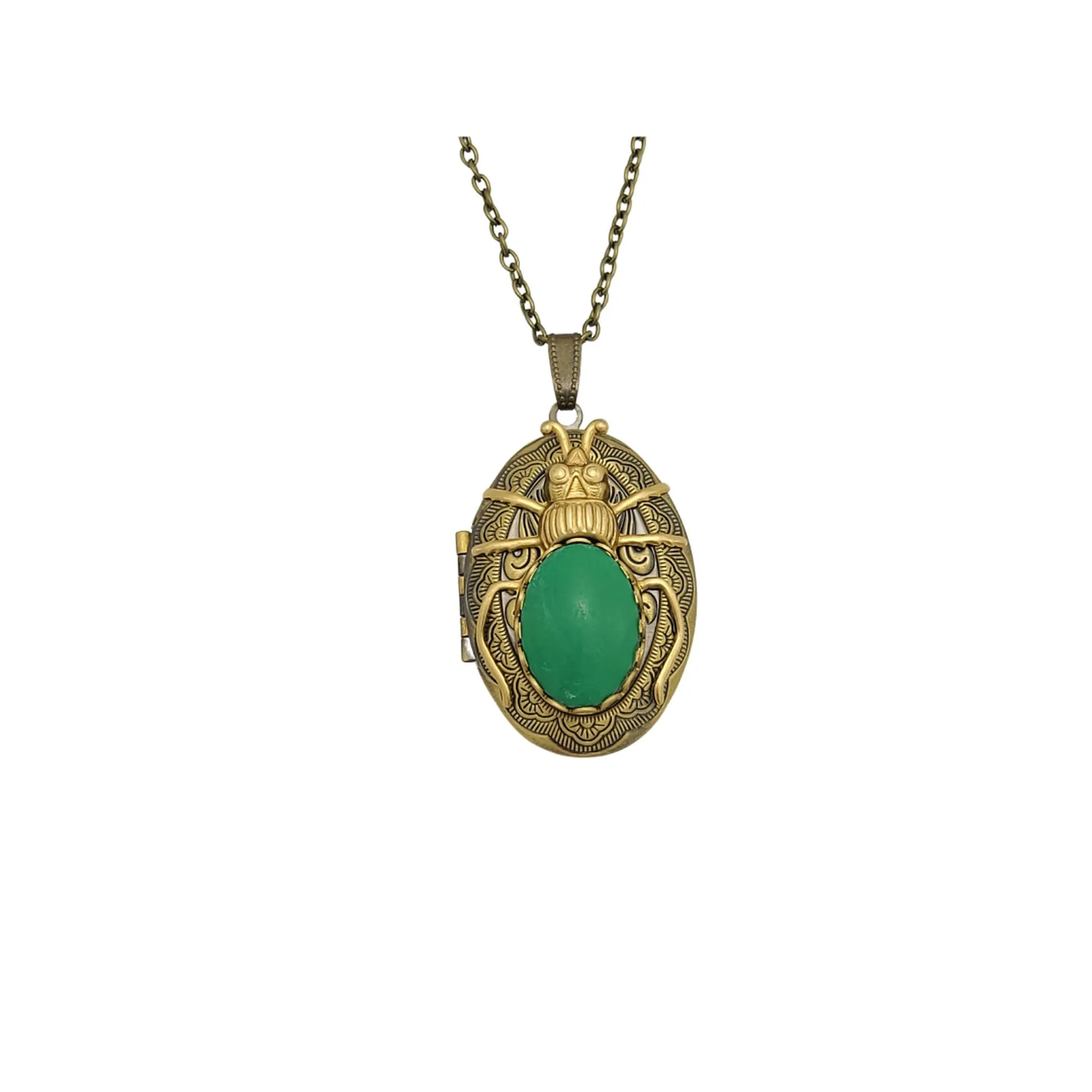 Ox Brass Oval Green Beetle Locket Necklace Jewelry Keepsake Photo Locket.