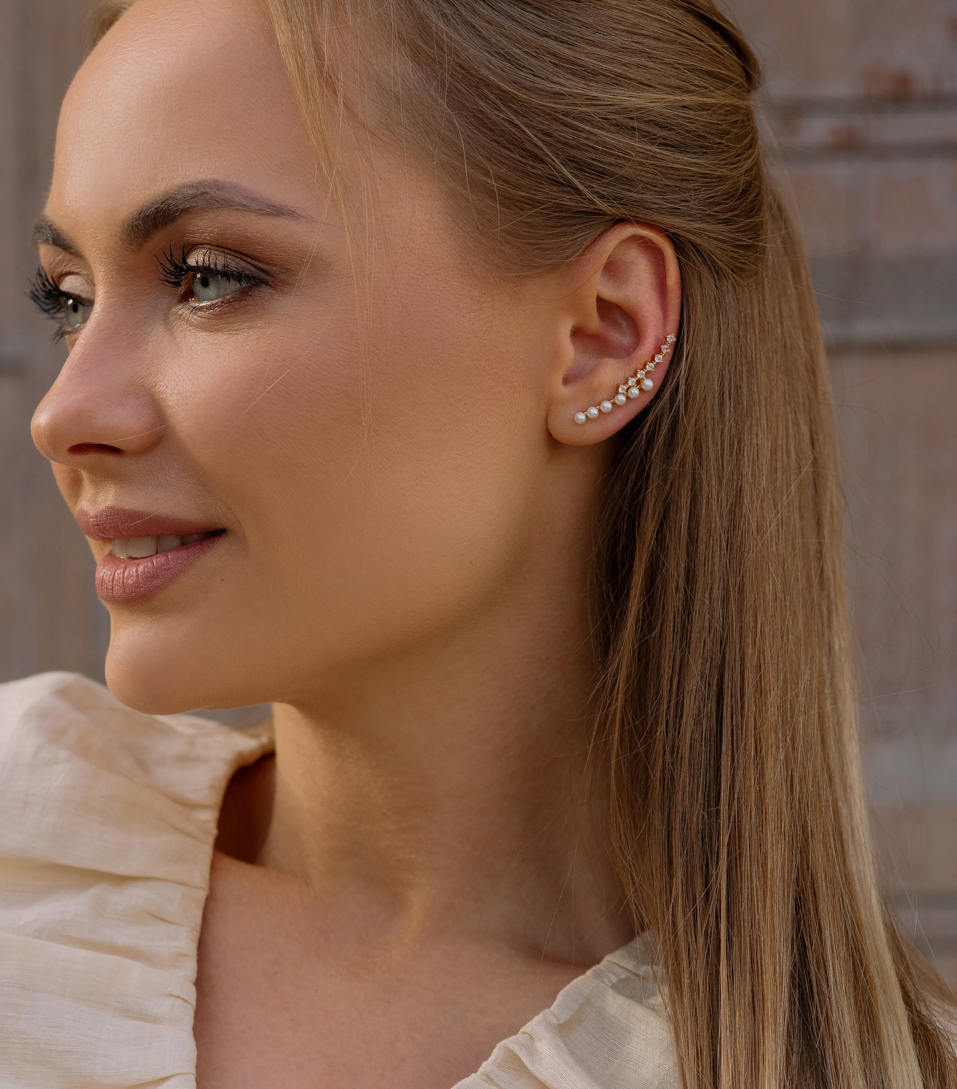 Pearls And Zirconia Gold Ear Climber