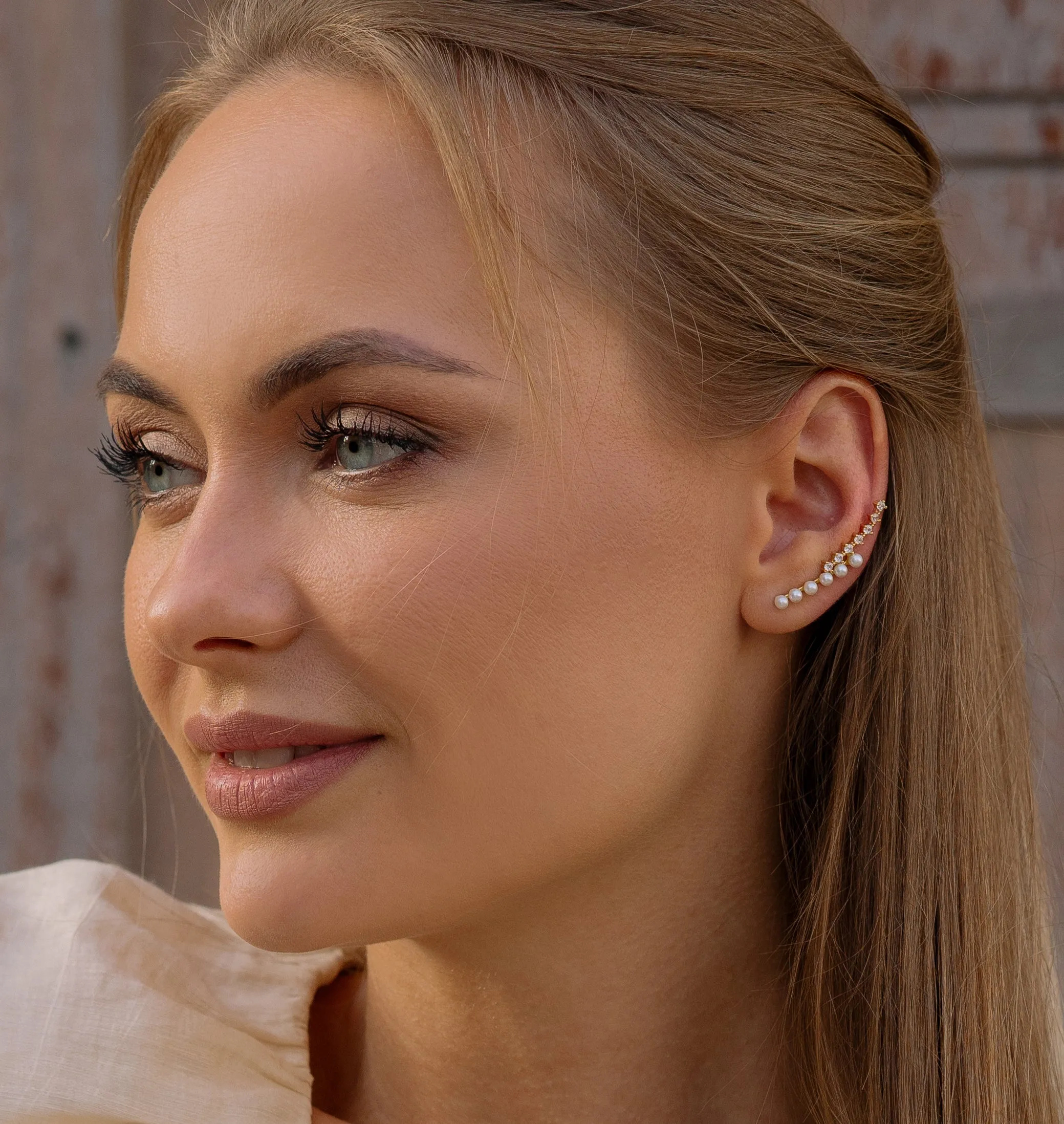 Pearls And Zirconia Gold Ear Climber